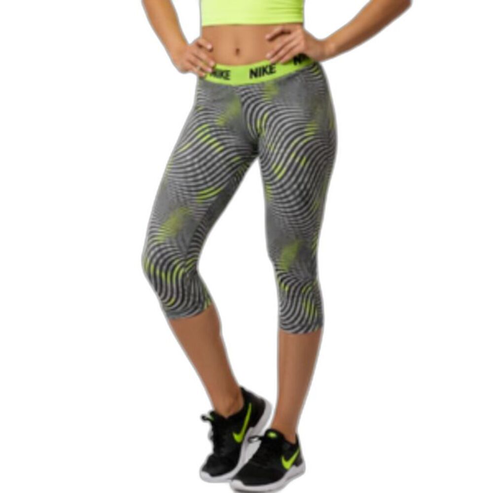Nike Women's Gray Neon Lime Striped Dri-Fit Activewear Capri Leggings Size M